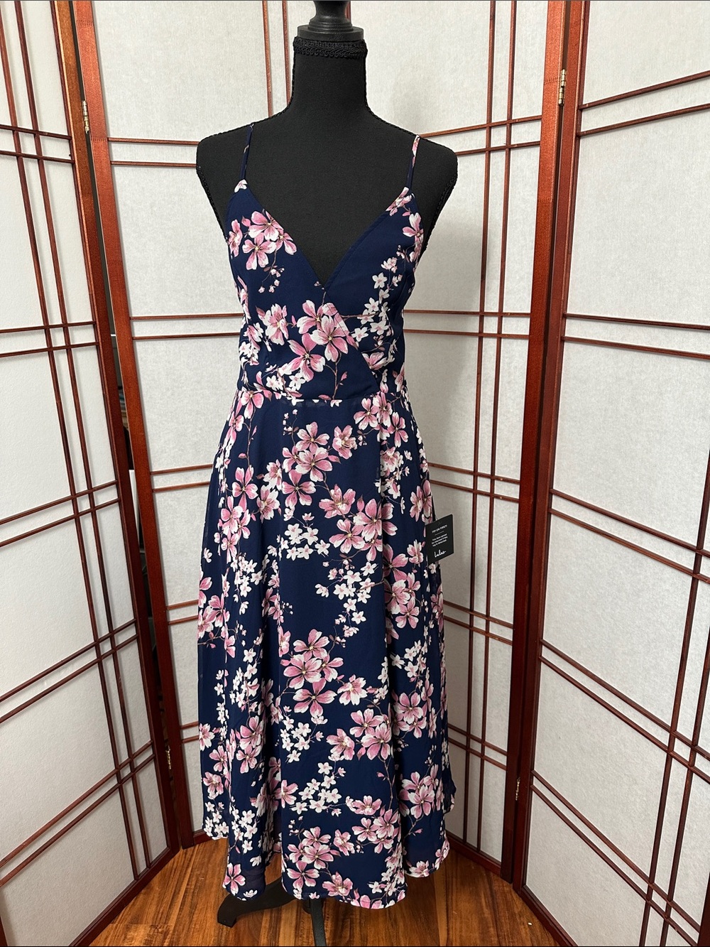 Lulu's Navy Midi Dress with Pink Floral Print